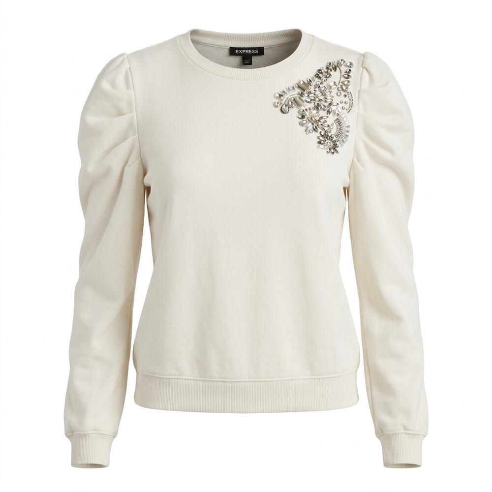 Express Puff Sleeve Rhinestone Beaded Shoulder Knit Sweater Women Size S